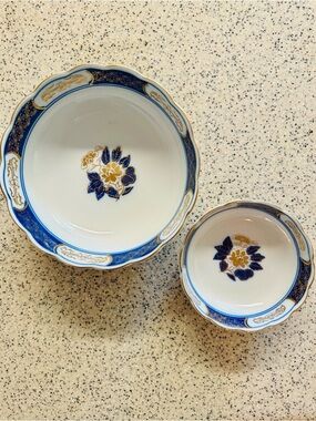2PC. Vtg.Japanese Hand Painted Imari Porcelain Bowl Set.Blue Red + Genuine Gold